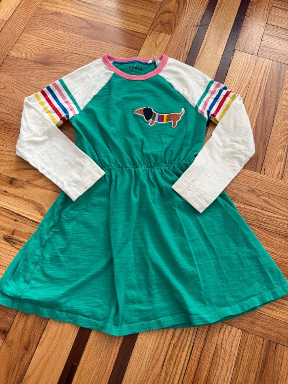 Mini Boden Green Raglan Dress with Dachshund Patch and Rainbow Trim